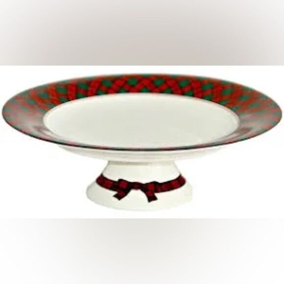 Preppy Tartan Plaid 10.5 Pedestal Plate Cake Dessert Cheese Japan Arita Sasaki - Picture 1 of 2
